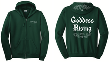 Cargar imagen en el visor de la galería, A product image of the front and back of the green Emerald Hearth hoodie which features the words Emerald Hearth on the front top left and the word Goddess Rising in the center of the back.  The hoodie also has a spider web detail across the hood.