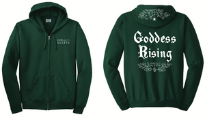 A product image of the front and back of the green Emerald Hearth hoodie which features the words Emerald Hearth on the front top left and the word Goddess Rising in the center of the back.  The hoodie also has a spider web detail across the hood.