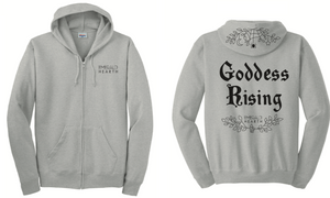 A product image of the front and back of the gray Emerald Hearth hoodie which features the words Emerald Hearth on the front top left and the word Goddess Rising in the center of the back. The hoodie also has a spider web detail across the hood.