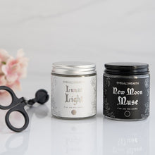 Load image into Gallery viewer, From left to right, a wick trimmer, the mini lunar light candle and then the new moon muse candle.  This bundle is by emerald hearth creations.
