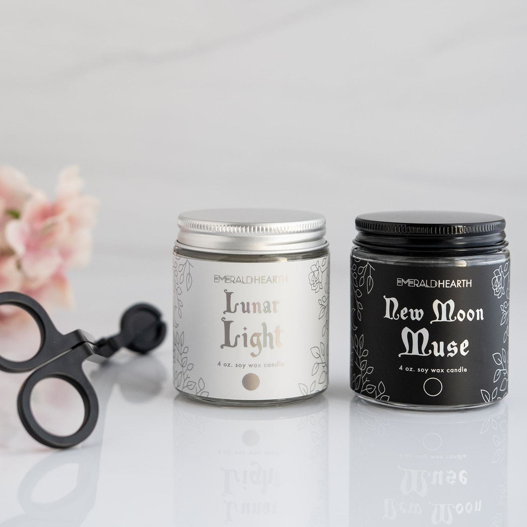 From left to right, a wick trimmer, the mini lunar light candle and then the new moon muse candle.  This bundle is by emerald hearth creations.